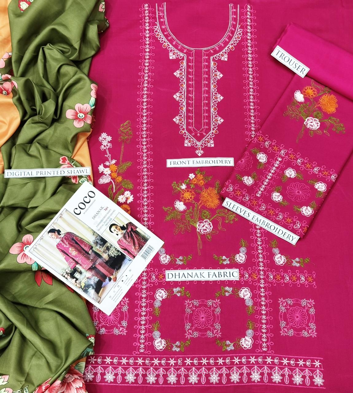 Pure Dhanak 3pc Embroidered Design 17 Pink