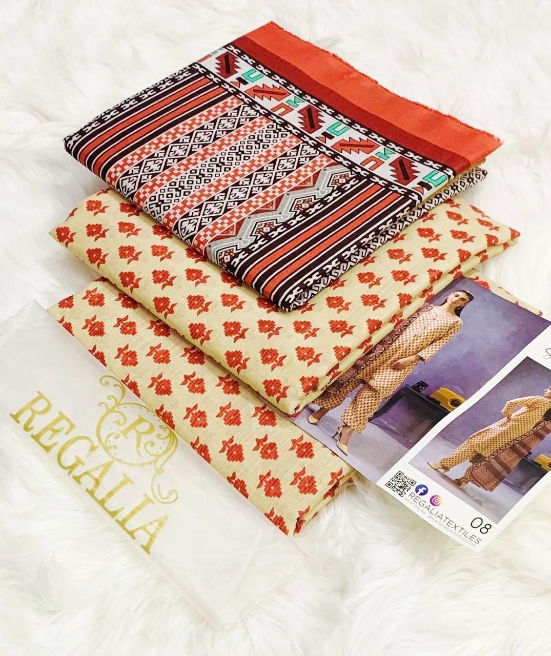 Regalia Original 3pc Printed Khaddar Collection - Peach Print