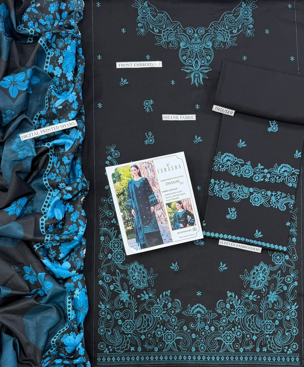 Pure Dhanak 3pc Embroidered Design 22 Black