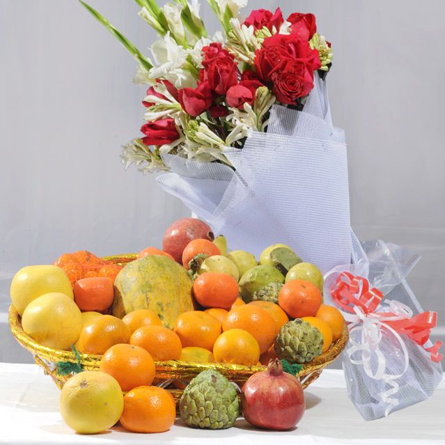 Fruit Basket with Large Bouquet