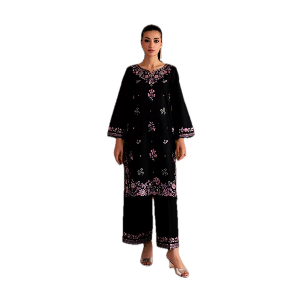 Batik Dhanak 2-Piece Suit - Black Embroidered (Pink Thread Work)