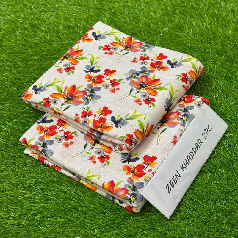 Zeen Khaddar 2Pc - Ivory Red Floral