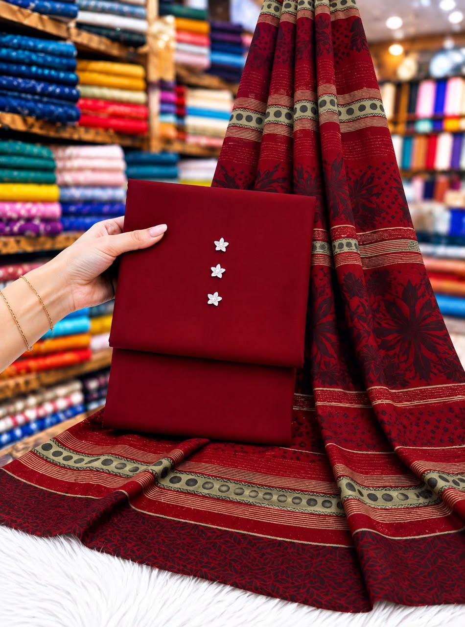 Broshia Jacquard Pashmina 3D Border Shawl With Dhanak 3pc - Maroon