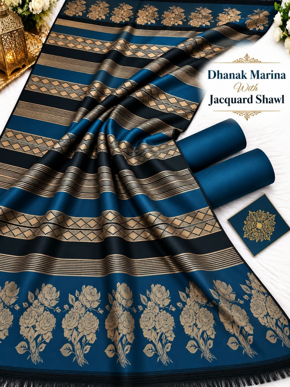 Dhanak Marina 3pc With Jacquard Pashmina Wool Shawl (New) - Blue