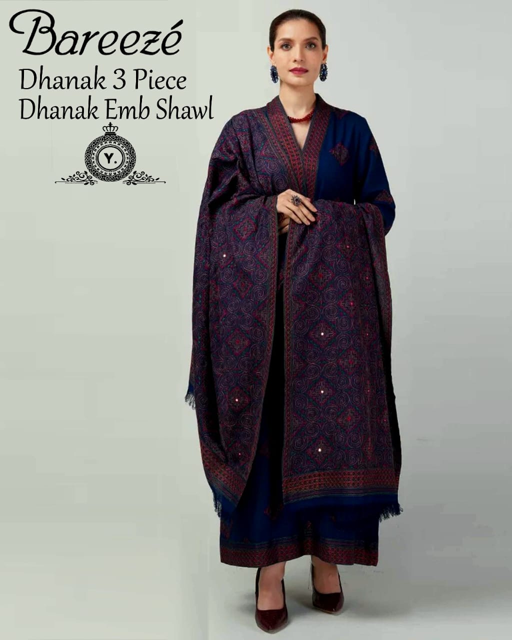 Dhanak 3pc Embroidered Suit with Embroidered Shawl - DESIGN 11