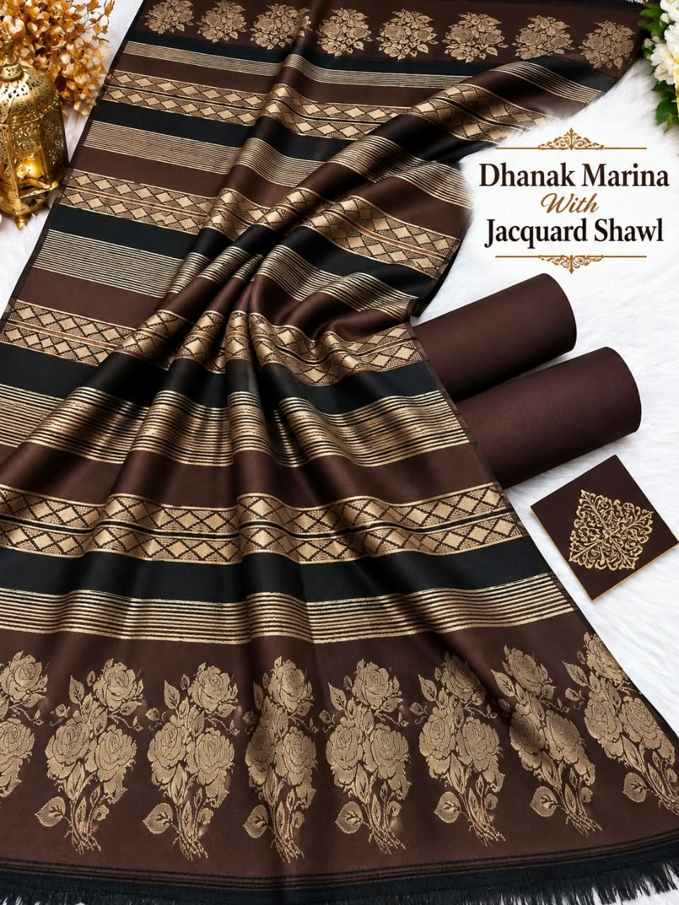 Dhanak Marina 3pc With Jacquard Pashmina Wool Shawl (New) - Brown