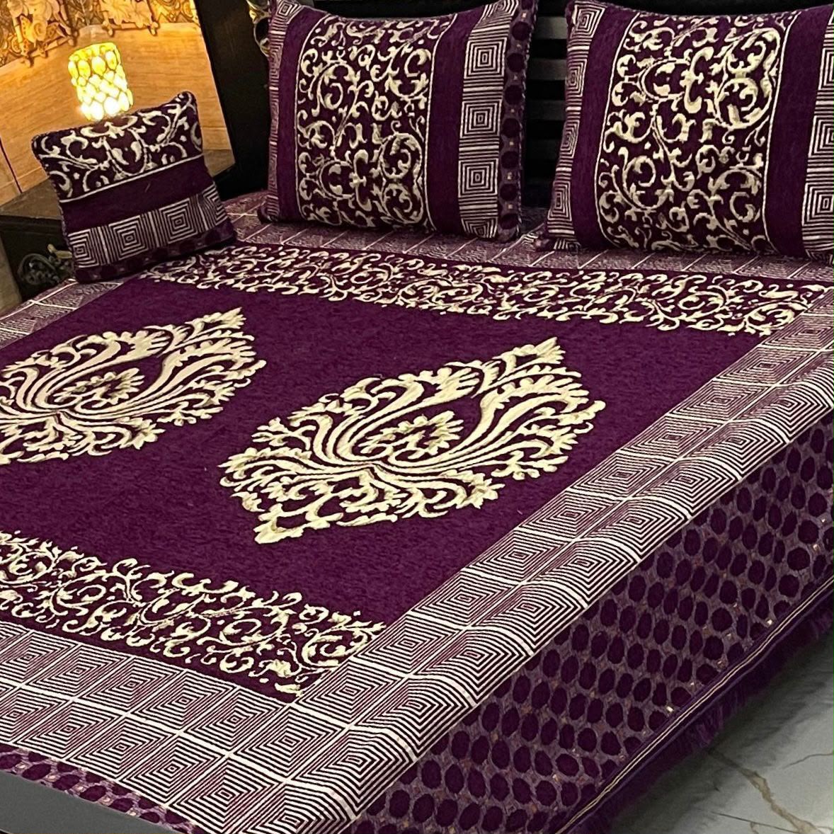 4pc Velvet Jacquard Bedsheet King Size - Design 17