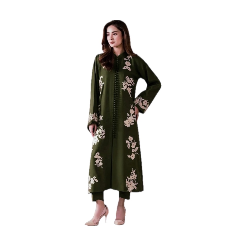 Laam Dhanak 2-Piece Suit - Olive Green Front-Open Floral Embroidered