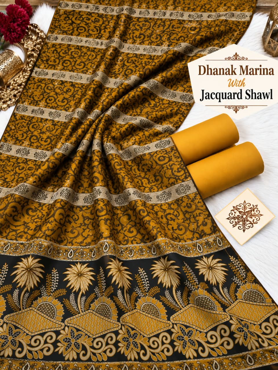 Dhanak Marina 3pc With Jacquard Pashmina Wool Shawl (New) - Mustard