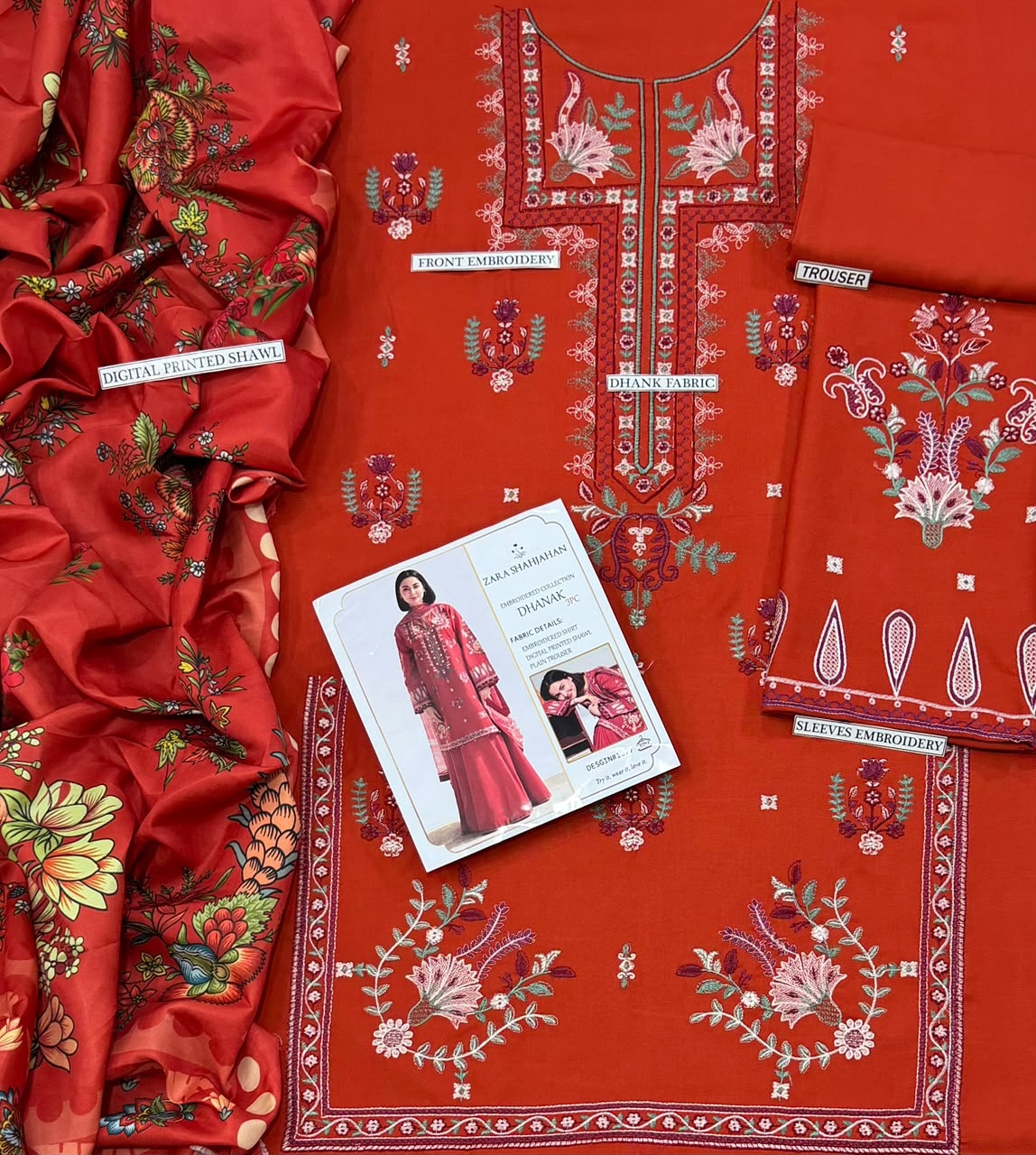 Pure Dhanak 3pc Embroidered Design 27 Red