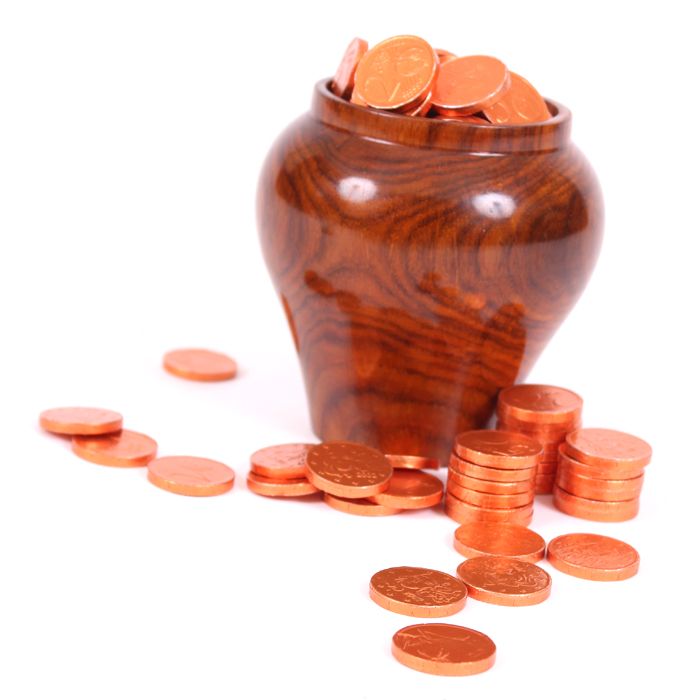 Gold coins in a wooden pot