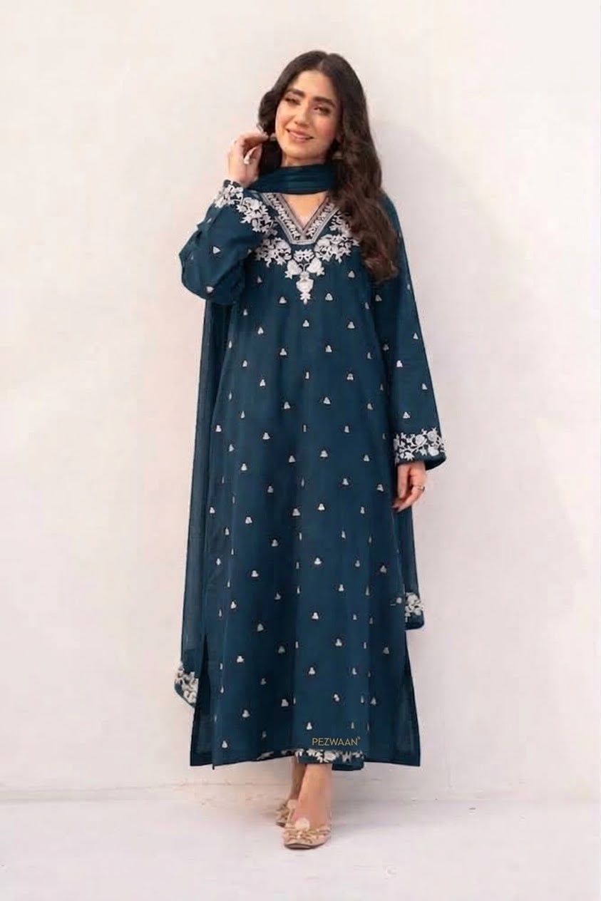 Pure Dhanak 3pc Embroidered Design 02 Teal Blue