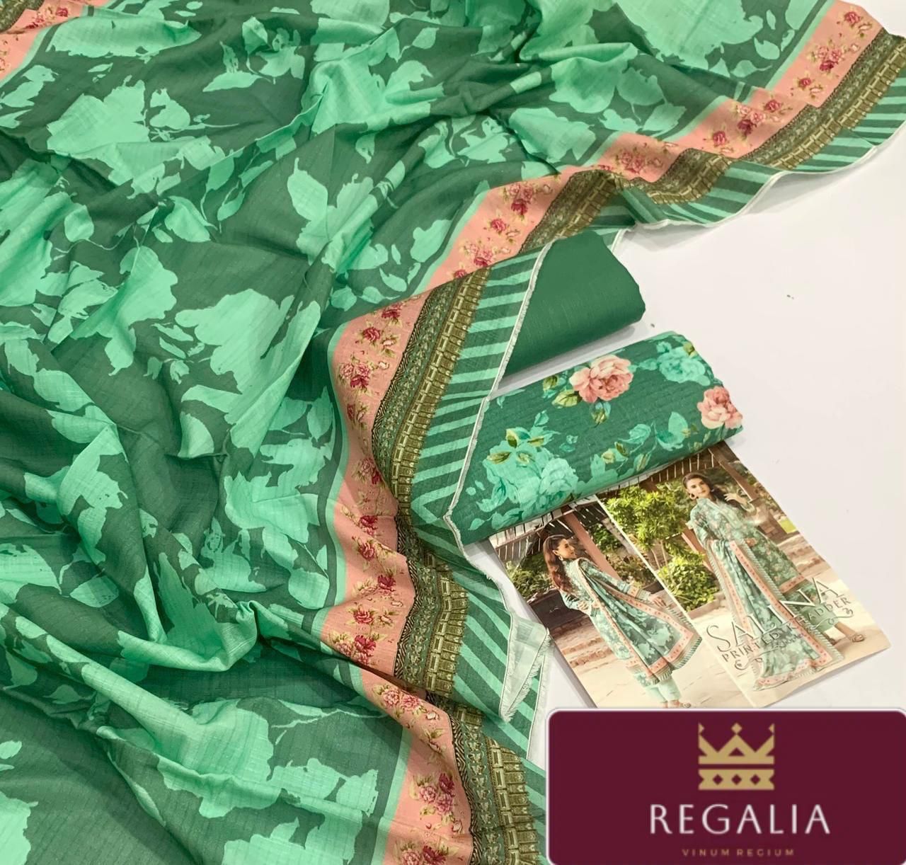 Regalia Original 3pc Printed Khaddar Collection - Green Print