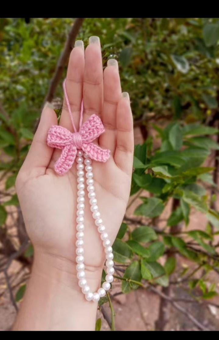 Crochet Bow Pearl Phone Charm - Handmade